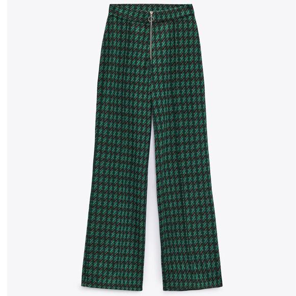 Zara Pants - Zara Green Patterned Flared Jacquard Pants Size Medium